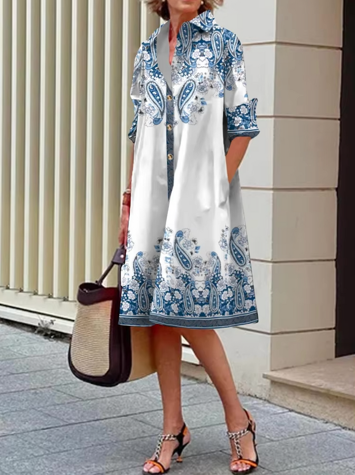Celeste™ | Stilvolles blaues geometrisches Streifen-Midi-Kleid