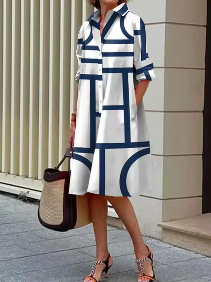 Celeste™ | Stilvolles blaues geometrisches Streifen-Midi-Kleid