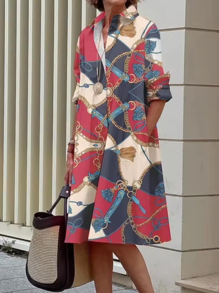 Celeste™ | Stilvolles blaues geometrisches Streifen-Midi-Kleid