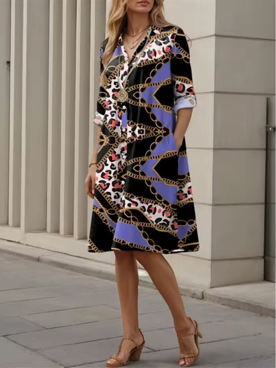 Celeste™ | Stilvolles blaues geometrisches Streifen-Midi-Kleid