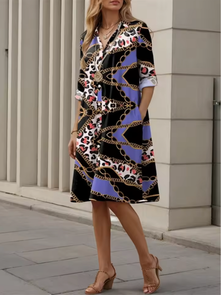 Celeste™ | Stilvolles blaues geometrisches Streifen-Midi-Kleid