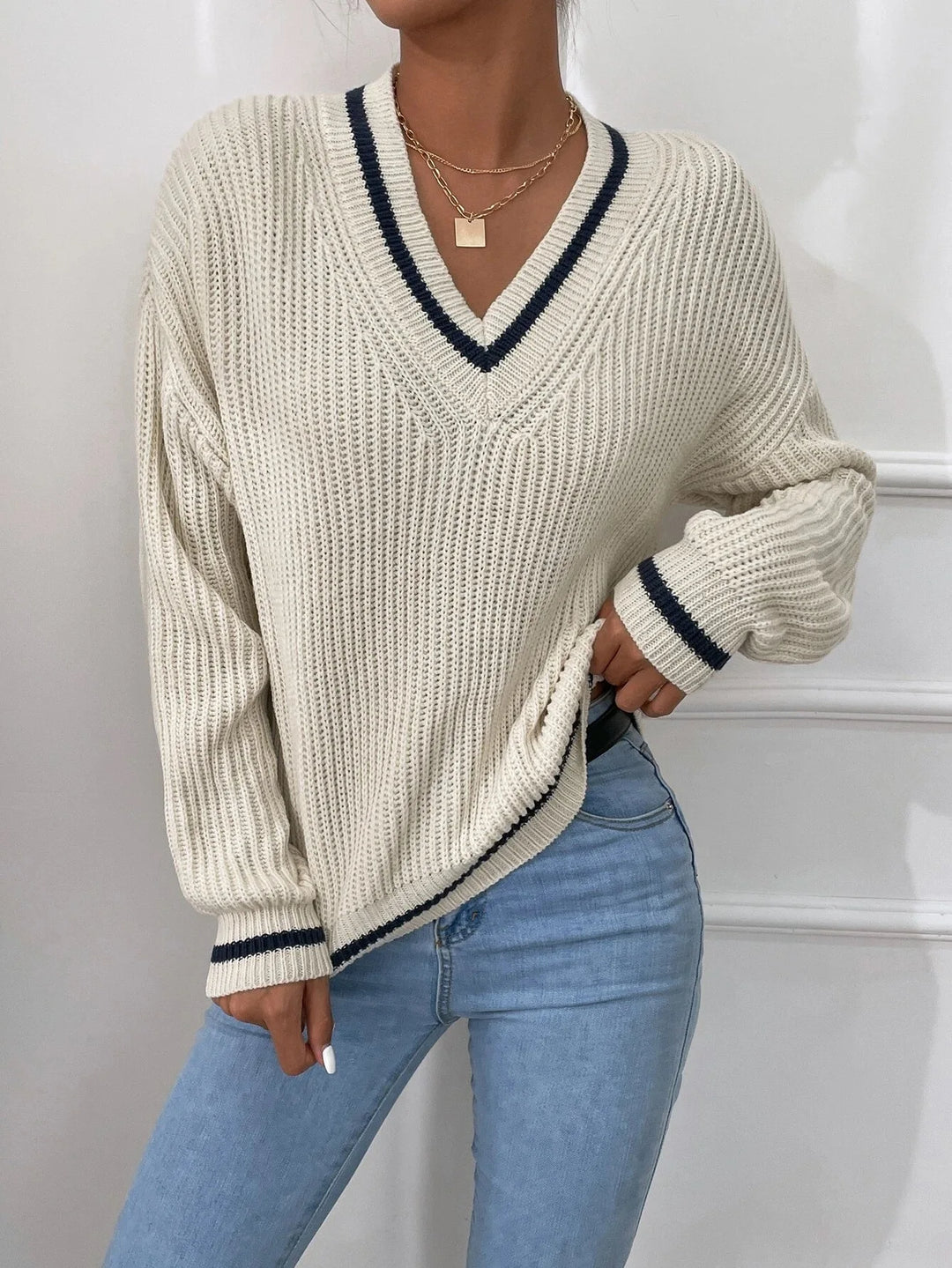 Marina | Gestreifter Waffelstrick-Pullover