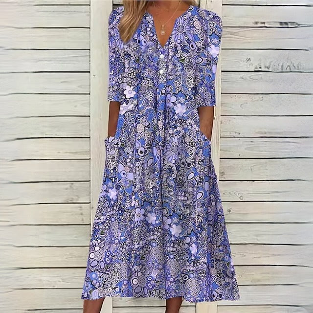 Carla | Blumen-Midi-Kleid - stilvolles Sommerkleid mit Taschen