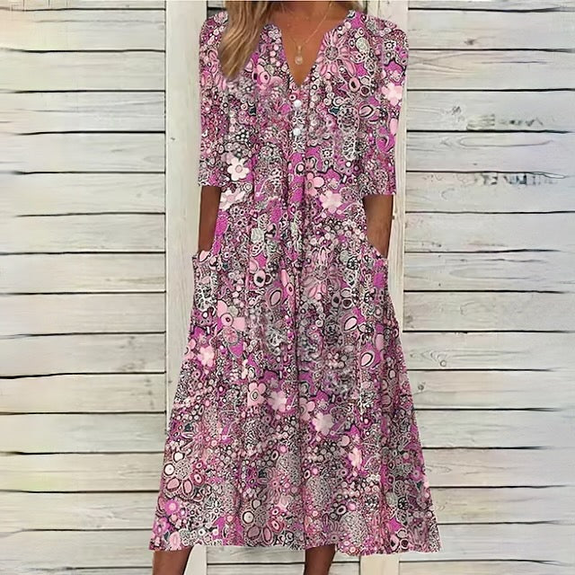Carla | Blumen-Midi-Kleid - stilvolles Sommerkleid mit Taschen
