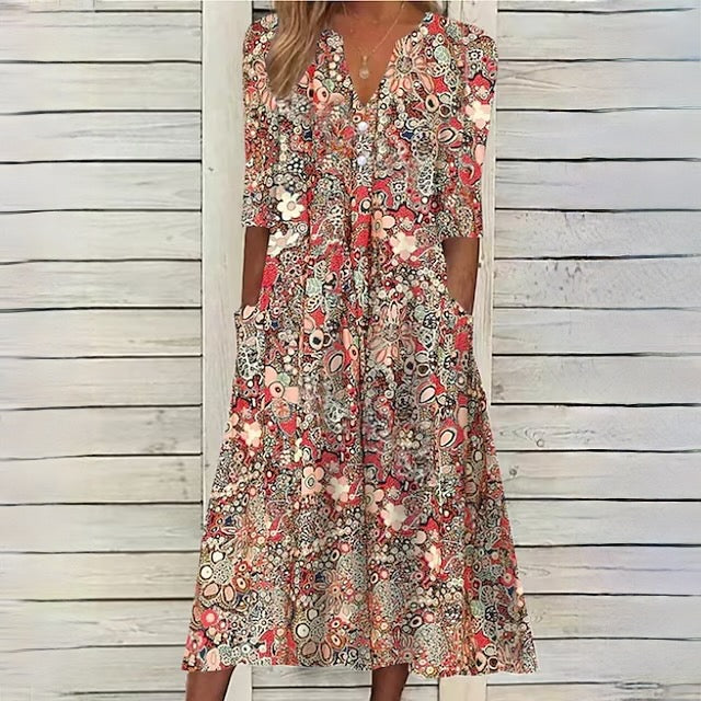 Carla | Blumen-Midi-Kleid - stilvolles Sommerkleid mit Taschen