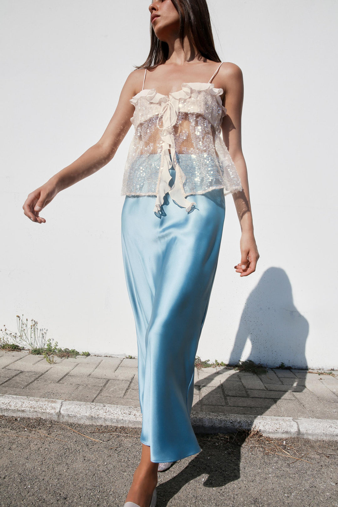 Pailletten-Rüschenshirt - Champagne Glow